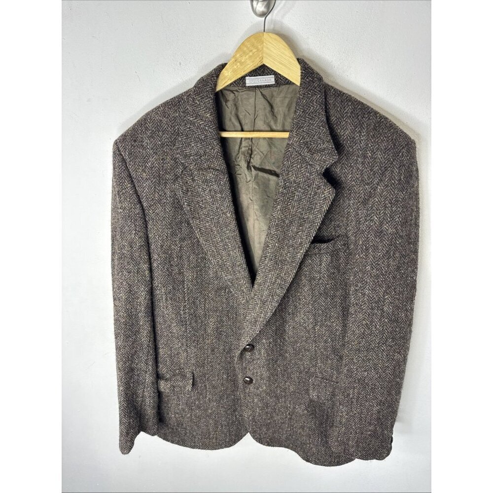 Vintage Harris Tweed Handwoven Wool Herringbone Blazer Brown Men 44R‎